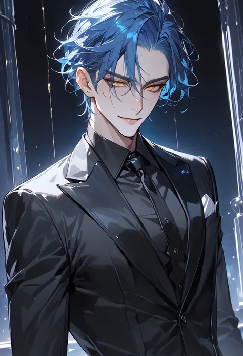 (Masterpiece, high resolution, best quality), solo, 1 male, 25-years old man, handsome, short-straight and blue hair, yellow eyes, tall, black suit, black dress shirt, upper body, pale smile, looking at viewer, bright background