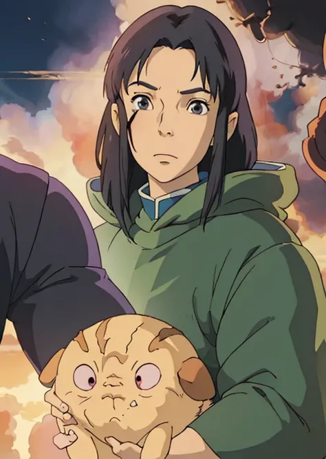 a close up of two anime characters with a green hoodie, in the anime series ergo proxy, aragorn in an anime world, in the anime film ergo proxy, handsome guy in demon slayer art, boromir in an anime world, in an anime, tsukasa dokite, kvothe from name of t...