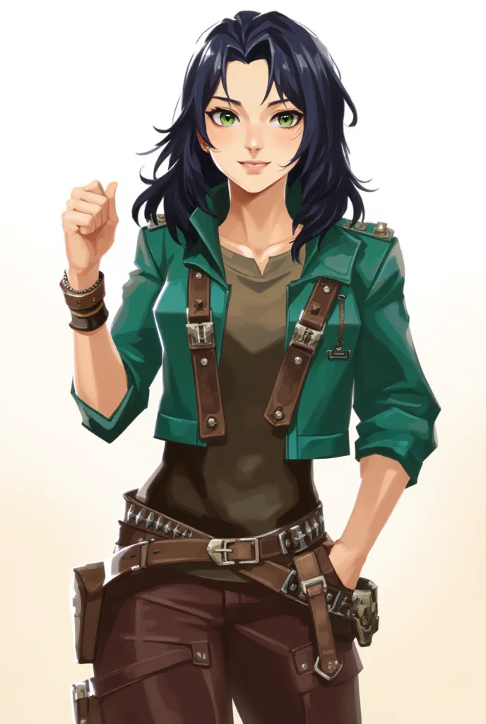 A character with long dark hair and green eyes stands confidently, wearing a fitted green jacket over a brown outfit. The jacket features various straps and buckles, highlighting a adventurous style. The character's expression is playful, with a slight smi...