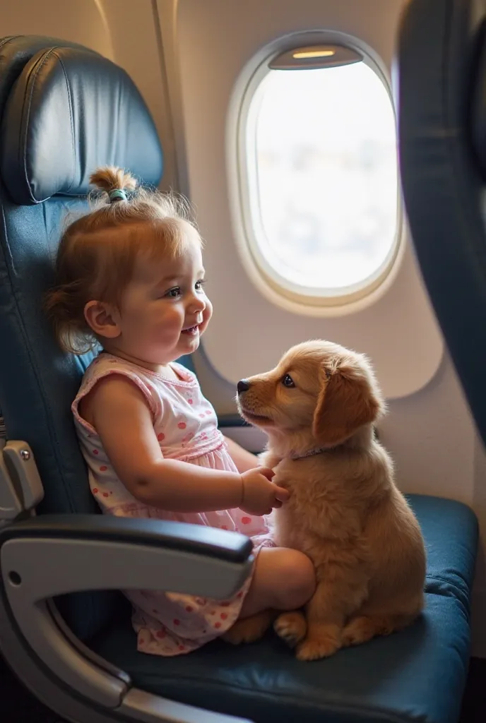 A cute  baby girl and her playful puppy board an airplane, heading to America.

The baby enjoys looking out the window, and the puppy curiously explores the seat.

Passengers smile at their adorable bond as they play together.
