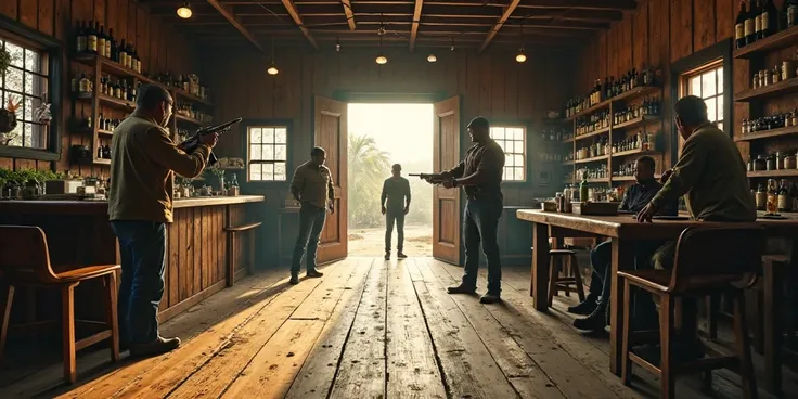 A wide shot captures the tense action inside a large, rustic venda (a bar and general store), filled with wooden shelves lined with bottles, vegetables, and supplies. The worn wooden floor creaks under the weight of the scene unfolding. Three armed bandits...