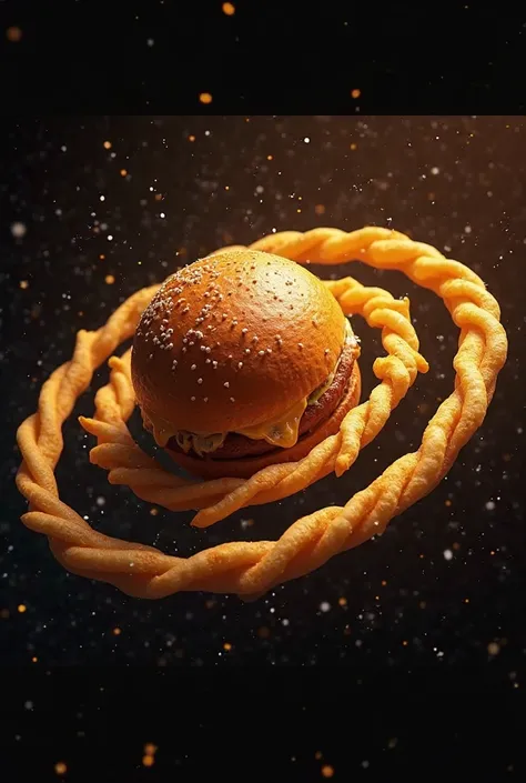 A planet shaped like a hamburger, with rings of French fries in space 