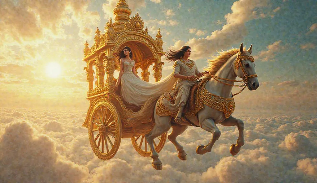 A powerful golden chariot flying across the sky, carrying a beautiful woman, with Ravan displaying a mix of arrogance and determination. a very clear ultra hd dynamic image of ''