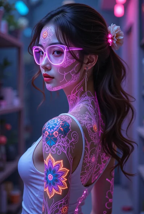 GGGJAAA  ,Figure costume ， shaped like a neon skull glass , A stunning 3D   mealioff -style render of a beautiful woman with a mesmerizing mandala tattoo on her .   The mandala has a complex  ,  colorful patterns ，  blends traditional and modern design  . ...