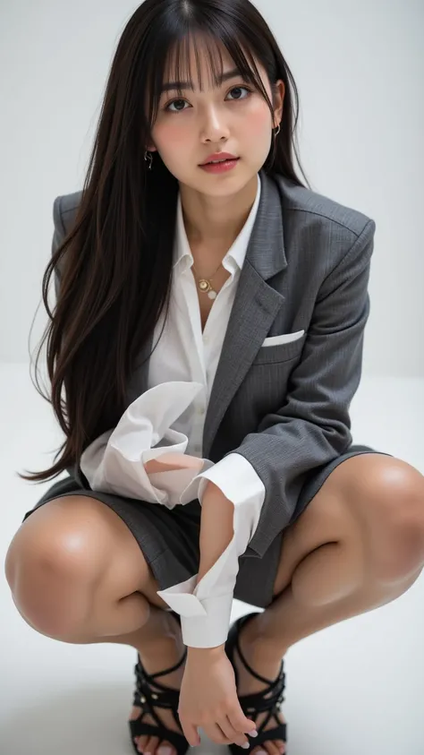 Highest quality, Sleek long black hair , long dark haired professional office lady, dynamic squat pose, detailed eye and skin texture, STUDIO LIGHTING, 30 years old,  dark eyes, Elegant, Medium Breast,  plump lips, earrings, necklaces, Charcoal Tight Suit ...