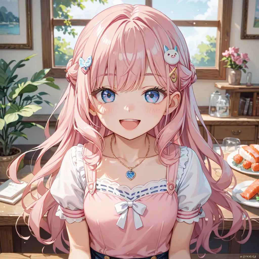  Salmon Pink Hair、long hair、 eye larger、Keep the outer corner of your eye high 、lashes slightly longer、Small nose、Open your mouth slightly、smile、18 years old、Lean forward、Short sleeve、the top of the chest is exposed、 pendant、small hair ornament