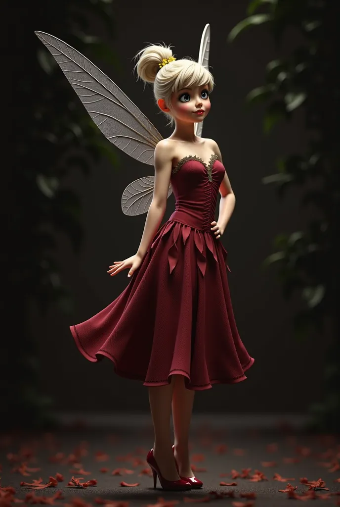 Create a fairy with short white hair with bare feet, wearing a short dress showing off the thighs, made from tulip petals