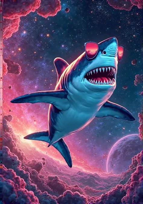 "A funky, neon-colored shark flying through space wearing sunglasses, surrounded by stars and galaxies. Include the phrase 'Shark Attack in Space' in an edgy, comic-style font."