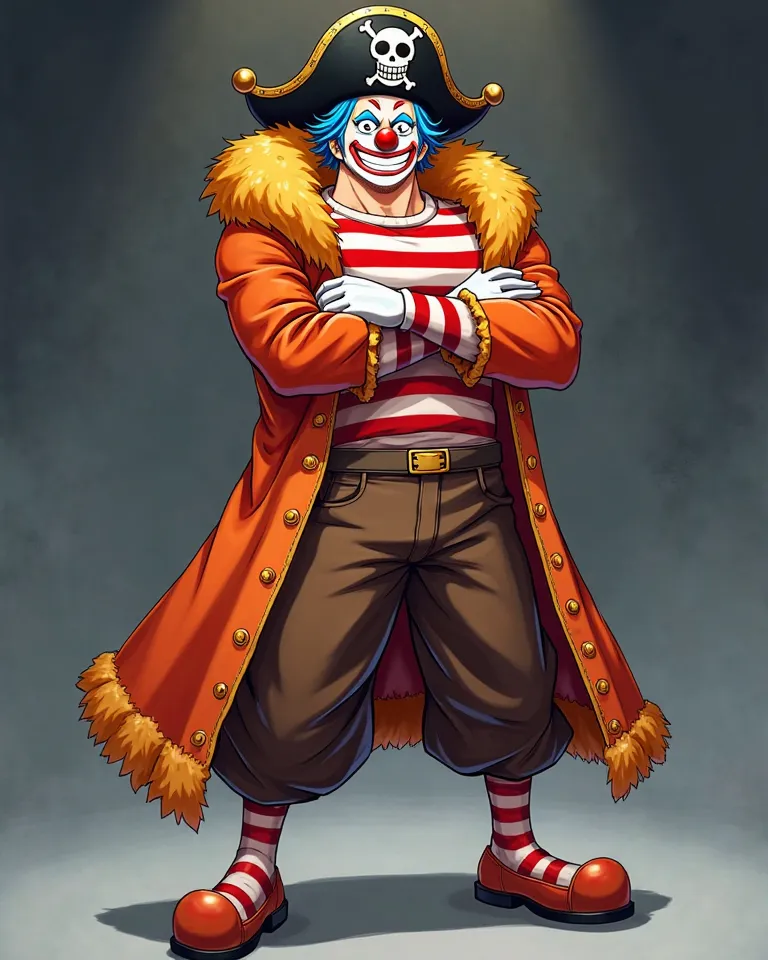 "A highly detailed anime-style full-body character design inspired by Buggy the Clown (Yonko Buggy) from One Piece. The character is standing in a confident pirate stance, arms crossed or hands on hips, with a mischievous and over-the-top grin. He wears hi...