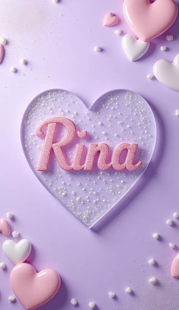 A transparent sign with “Rina” written in a smaller font. The sign is shining and beautiful, with a great design. The background has a dot pattern with glittering details, hearts, and a pastel white color scheme. The overall background is light purple.