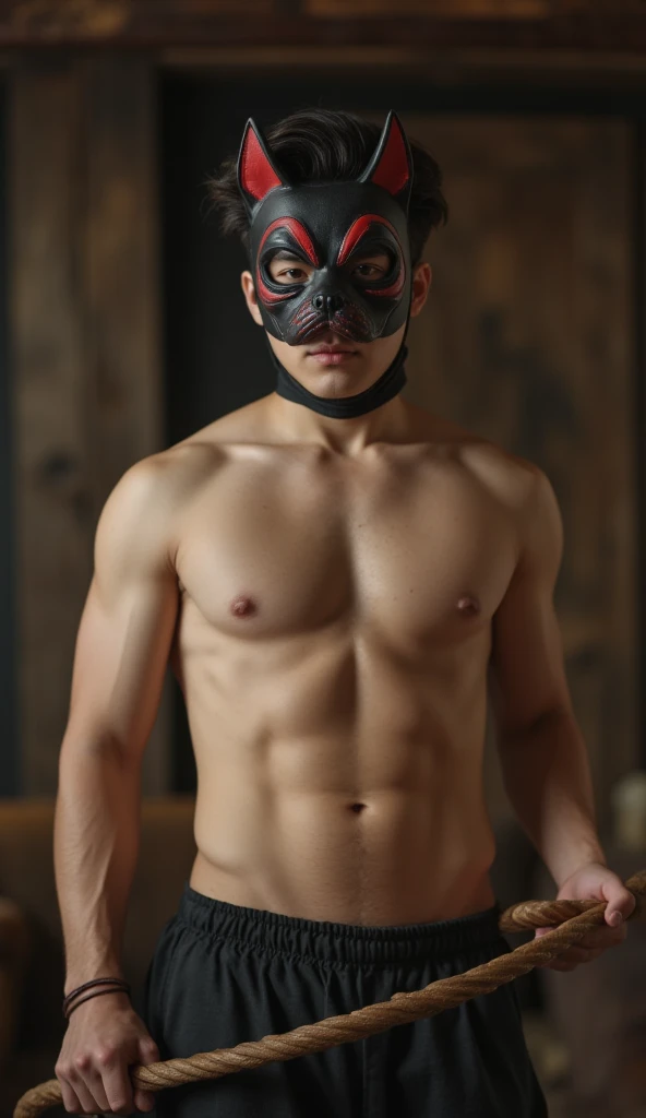 Prompt : A photo-realistic representation of handsome white Korean handsome man shirtless show his hair chest wearing  leather mark with a dog-like design on his hair, the mask has a black base with red accents, and a black collar around the neck. The mask...