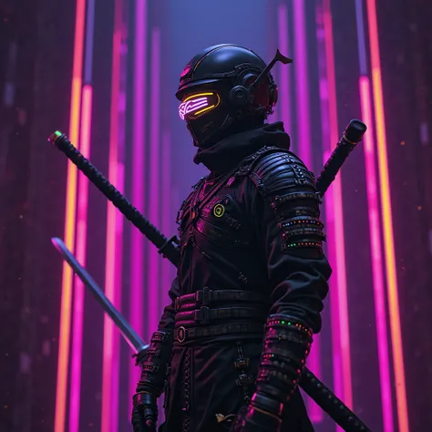 A cyber samurai man holds a katana in his hands and looks into the distance, which is slightly extended from her case. stands facing the camera. head turned to the side . Very dark background with lots of vertical purple and yellow neon lines. Cyberbank ar...