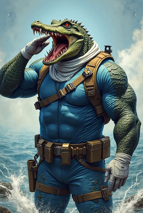 (A rugged beefy extremely muscular bulky snarling  crocodile man), (wearing blue fully-zipped fullbody wetsuit), saluting, wearing bulky harness, wearing bulky scuba gear, wearing white hero scarf, muscular physique, toned muscles, fierce, heroic, action, ...