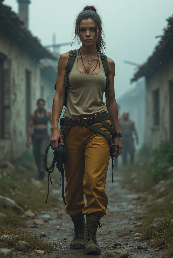  gorgeous romanian woman in tan hiking outfits, abandoned misty village inspired from resident evil 4 background , masculine figures , close up