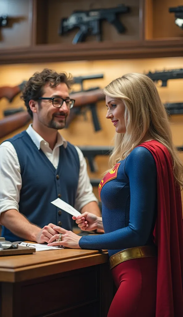 Stylish scene set inside a gun shop.  The layout is vertical , focuses on the two main characters.

 On the left , a fair-skinned man,  wearing glasses ,  white shirt, and a blue vest, standing behind the checkout counter. He was handing a receipt to a wom...