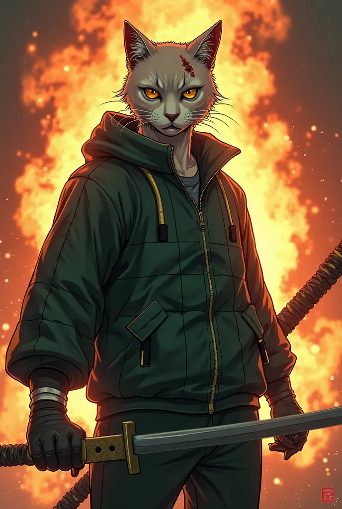 A live-action version of Demon Slayer, but it&#39;s a cat instead of a human.。
Behind him is a flame aura。
Tanjiro the cat wearing gloves。Standing with a sword。Entire limbs。
The jacket is a two-tone green and black check pattern.。
Wearing tabi socks.。
Brui...