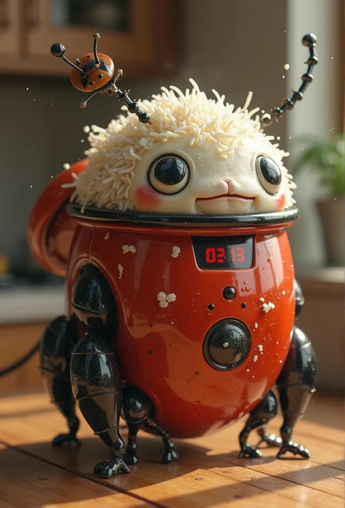 A hyper-realistic, ultra-high-definition 4K render of a bizarre yet charming creature fused with a modern rice cooker and a ladybug. The creature’s main body is a compact, slightly worn rice cooker with visible fingerprints, smudges, and minor scratches on...