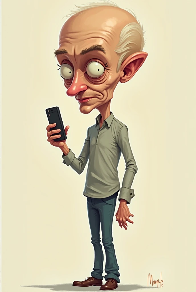 a slim  man with large head holding phone in right hand ( larger right hand) difficulty as a cartoon charctor