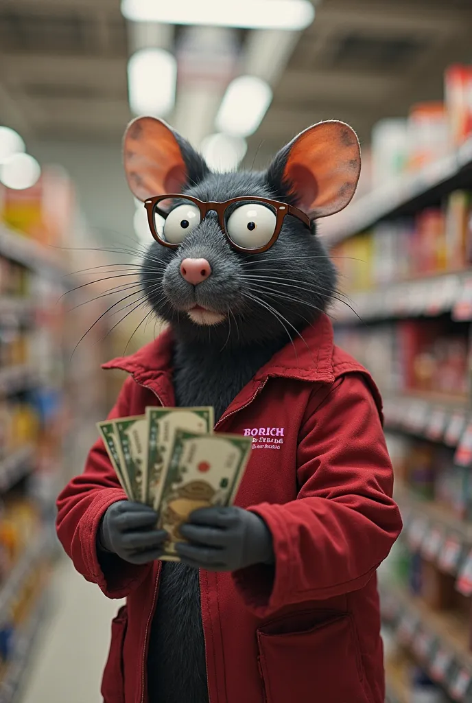 A rat with lenses in a supermarket working with some bills in his hand, dressed in a red sleeveless jacket and with a little pink ribbon on one side of the jacket and on the other side say Borich supervisor 