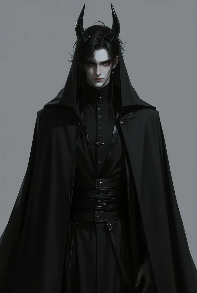 man, pale appearance , His hair is black and shaped like devil horns, Do you wear puritan clothes completely black costume,