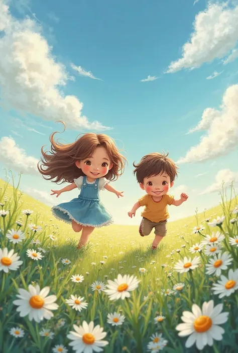 2 babies, a girl and a boy, are running on a field full of daisies