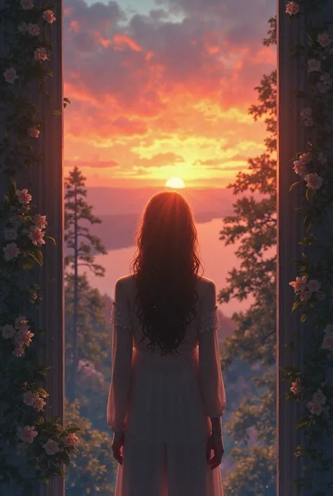 A mirror shows a sunset in front of there is a woman