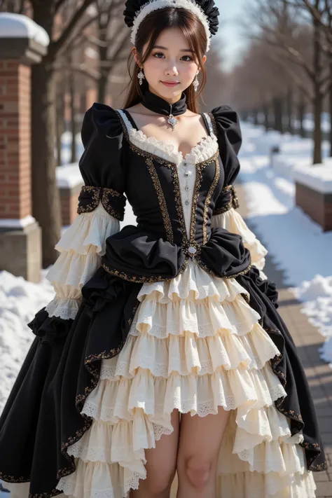 An 18 year old girl is wearing a dress, Платье с рококо-frill ми, dress in the style of rococo, baroque dress, intricate fantasy dress , ornate frill y dress, romantic dress, frill y outfit, fantasy dress , frill , style you ,  full dress, (( that fashion ...