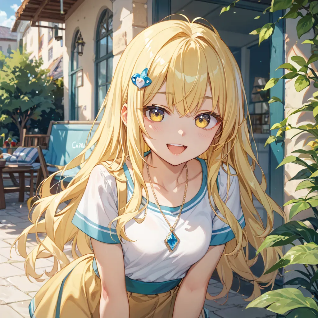 bright yellow hair、long hair、 eye larger、Keep the outer corner of your eye high 、lashes slightly longer、Small nose、Open your mouth slightly、smile、18 years old、Lean forward、Short sleeve、the top of the chest is exposed、 pendant、small hair ornament