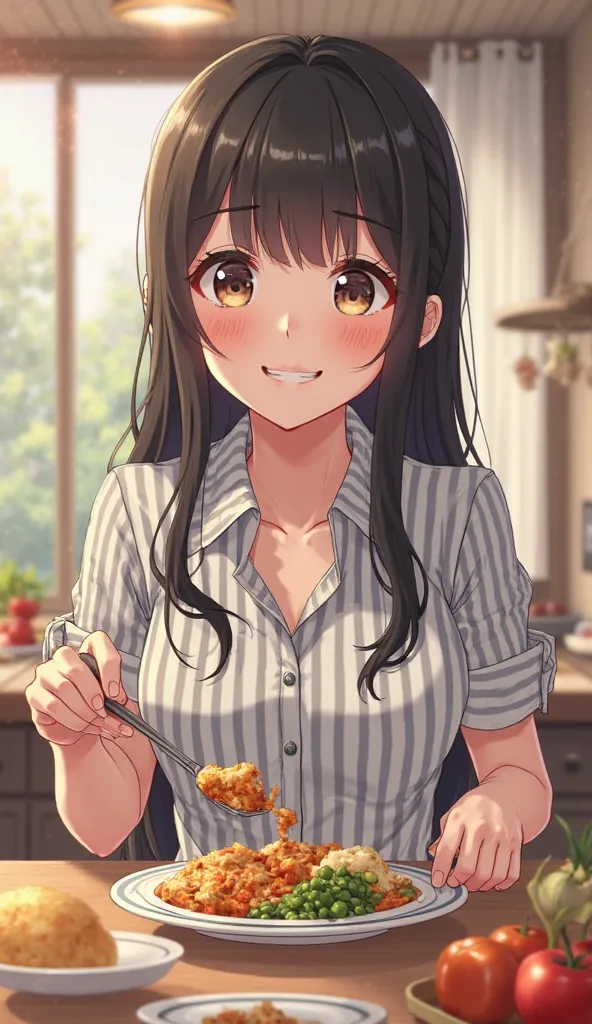 smile　((food during a banquet))　moe style,((food with one hand on my cheek)) 　straight hair that reaches the shoulders - (Short sleeve襟付ボーダーシャツ)（((Short sleeve))） - Onyx　striped collared shirt　 Long Hair　Short sleeve　Anime Picture　 hair is unraveling after...