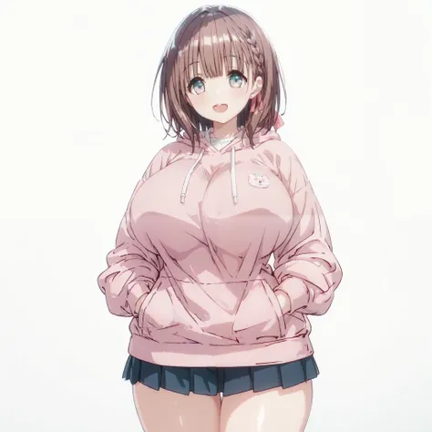 1girl, solo, Tomomi Sakurazawa, brown hair, hime cut, braid, short hair, aqua eyes, pink and blue eyes, hair ribbon, (huge breasts:1.3), narrow waist, wide hips, thick thighs, pink hoodie, black pleated mini skirt, white thigh high socks, blushed, smile, o...