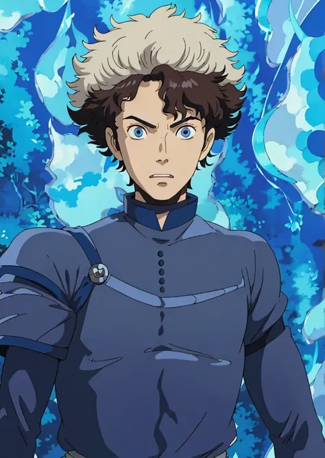 a close up of a person with a helmet on and a blue background, handsome guy in demon slayer art, screenshot from black clover, spike spiegel, mob psycho 100, in an anime, tall anime guy with blue eyes, aramaki shinji, in the anime film, afro samurai animes...