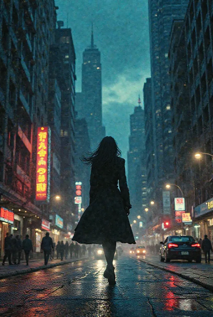 A woman walks through the city at night 