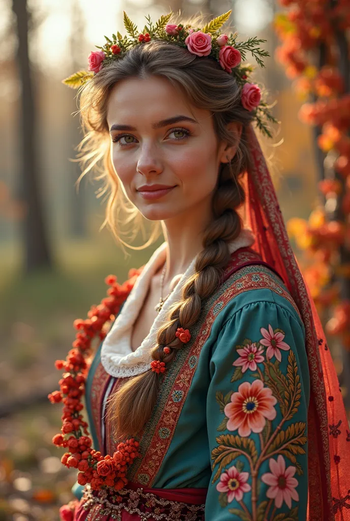 beautiful Slavic woman in national dress,Maslenitsa celebration,detailed portrait,warm expression,standing pose,traditional folk costume with embroidery,floral headpiece,autumn landscape background,colorful festival decorations,golden sunlight,vivid colors...