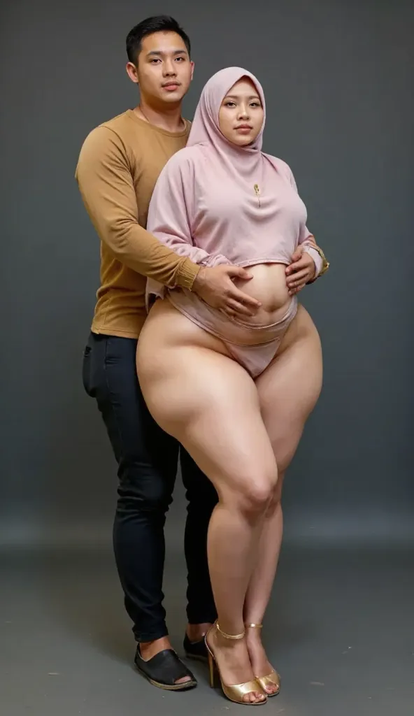 I am a 56 year old pregnant Indonesian woman, wide hips, wearing a glow hijab and glow gold high heels. Being hugged from behind by my 20 year old slender husband, he is holding my hips.Anatomically Correct, Textured Skin, realistic skin, Super Detailed, H...