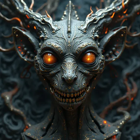 create a face of a strange creature with large eyes, a metallic mouth and a metallic nose, volcanic skin with runes and with metallic hair. It is surrounded by black flames