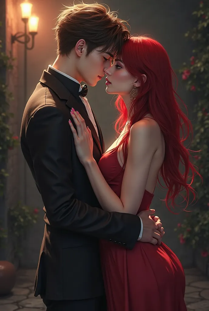 Make an emo vampire man with brown hair in anime..  slim body, red eyes and pale skin, Neutral but passionate expression. He's having sex with his long-haired blood-red girlfriend, She has an hourglass body, medium round ass ,  medium breasts and thin wais...