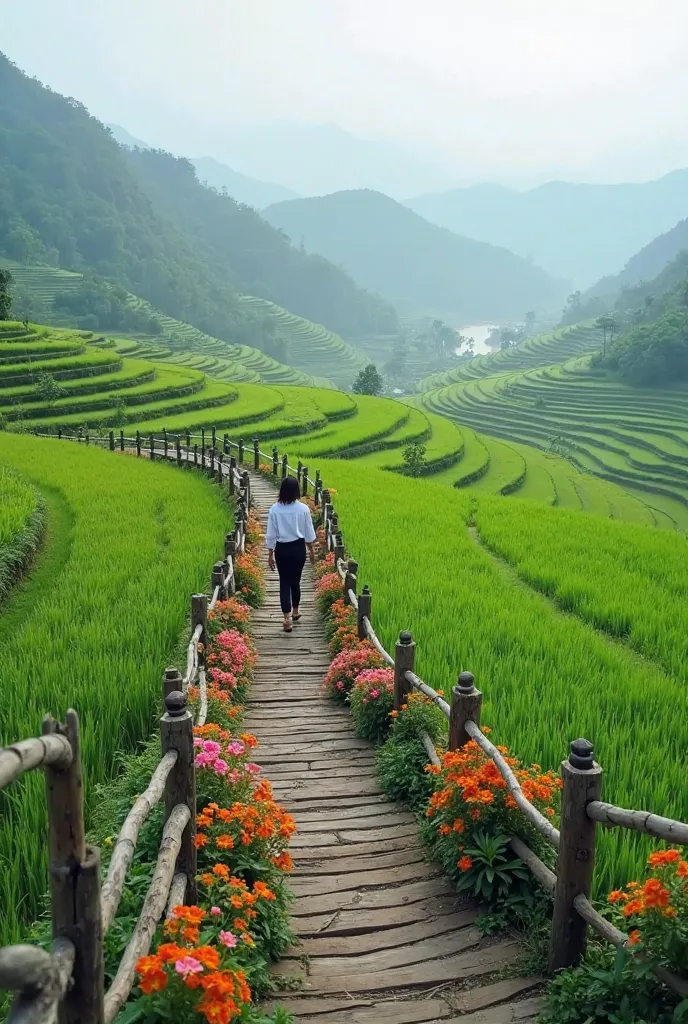 Create images featuring lush green landscapes with terraced rice fields. Include a wooden path with a fence decorated with bright flowers, such as orange and pink blooms. And there is a village girl standing on the wooden path wearing a white shirt, black ...