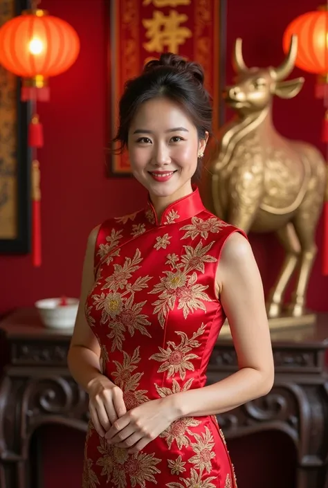 "A 40-year-old woman stands gracefully, facing the camera with a warm and confident smile. She is dressed in an elegant red cheongsam with intricate golden embroidery, reflecting the festive spirit of Chinese New Year. The background embraces a Chinese Lun...