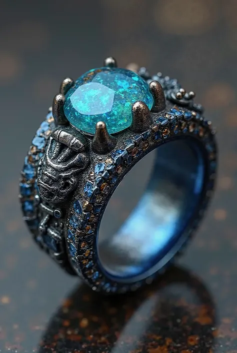 This is a raw blue adamantine ring All craftsdwarfship is of the highest quality. It is encircled with bands of pear cut pyrites. This object is adorned with haging rings of harlequin opal. On the item is an image of a forgotten beast in raw blue adamantin...