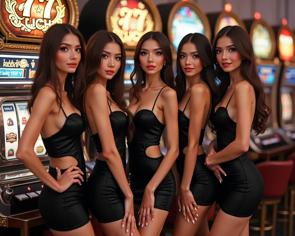 high resolution, Super detailed,A row of female models，Wearing a black dress，77 luck logo on the dress，Half Body，Next to the slot machine，happy，Welcome gestures，has a 77Luck logo on the slot machine