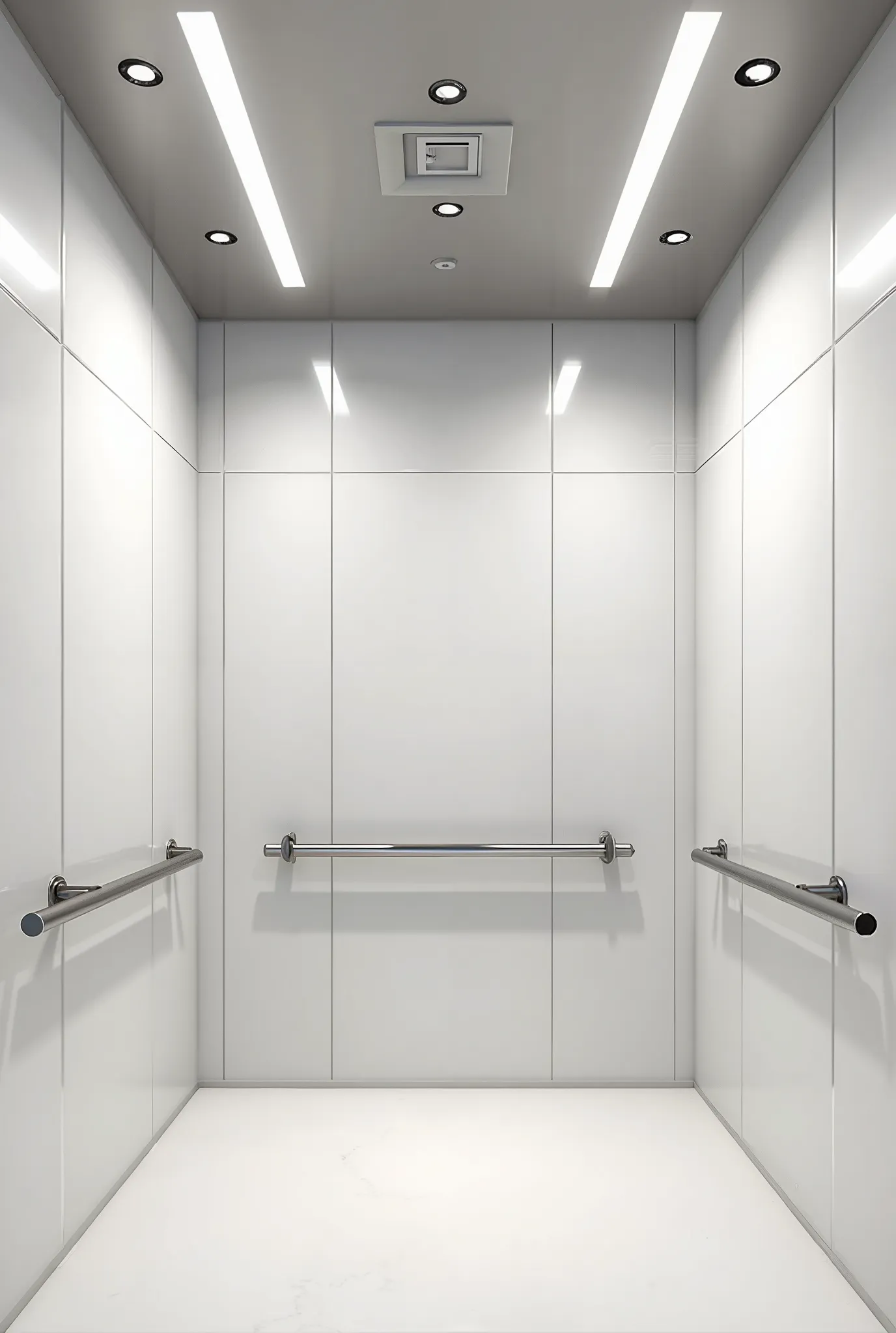 Interior view of a modern elevator cabin, OFF WITH white walls with light thermal paint. Each wall has three sections. The ceiling is stainless steel. Elegant stainless steel details, including the handrail. The floor is covered with PVC, the ceiling is eq...