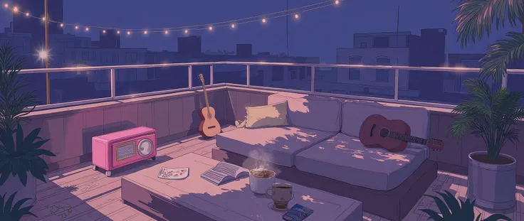 Rooftop at night、nighttime scene、outside of house、with no people、Calm and meditative atmosphere、houseplant、Lo-fi atmosphere、String Light、Cozy sofa、Pink radio with retro design、Hot coffee on the coffee table、Warm blanket、 books、There is an acoustic guitar、