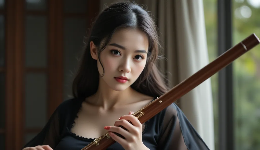 (artwork), (masterpiece), (best quality), Raw, 8K, masterpiece, extremely sharp focus, intricate details, a stunning Vietnamese female, makeup, pale skin, perfect body, long curvy hair, Hanfu, black silk, wide neck, sheer clothes, She is sitting playing th...