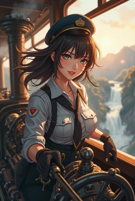 spirited train conductor guiding her steam-powered train over a breathtaking chasm, character portrait, close up , anime girl