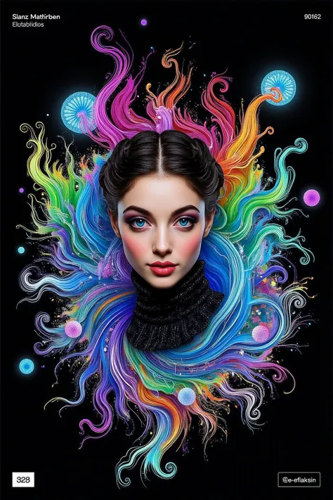 Take this image and multiply the number of swirl lines around the girl, while infusing lots of vibrant neon bioluminescent colors in the swirls as well. Make her mermaid gown highly reflective, mirror like, so all the light hits it, and reverberates it int...