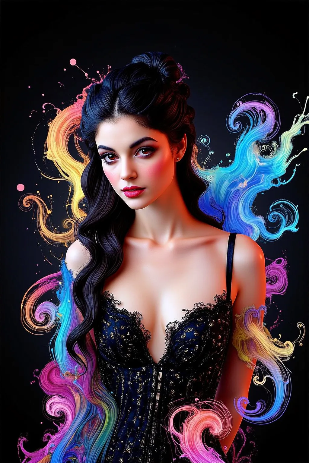 Take this image and multiply the number of swirl lines around the girl, while infusing lots of vibrant neon bioluminescent colors in the swirls as well. Make her mermaid gown highly reflective, mirror like, so all the light hits it, and reverberates it int...