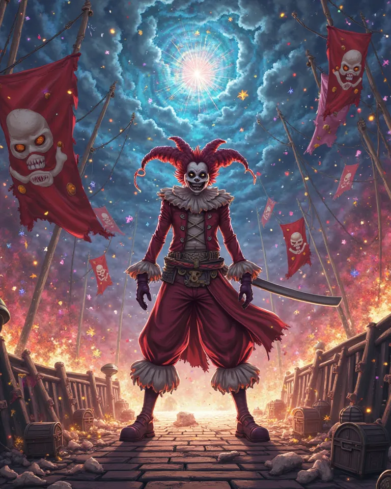 "A highly detailed anime-style background inspired by the chaotic and unpredictable energy of Yonko Buggy the Clown from One Piece. The scene features a dramatic pirate battlefield filled with torn Jolly Roger pirate flags, shattered wooden planks, and flo...