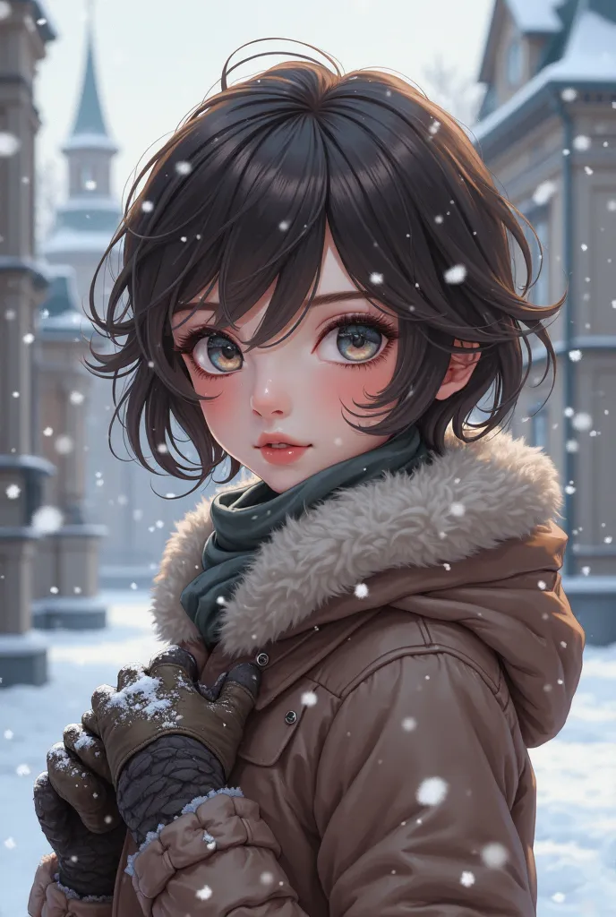 Russian anime woman, late 20s, short wavy brunette hair, glassy grey eyes, wearing a down coat, leather mittens, catching drifts of snow, in a snow-covered square, close up