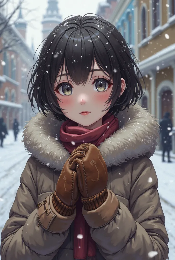 Russian anime woman, late 20s, short wavy brunette hair, glassy grey eyes, wearing a down coat, leather mittens, catching drifts of snow, in a snow-covered square, close up