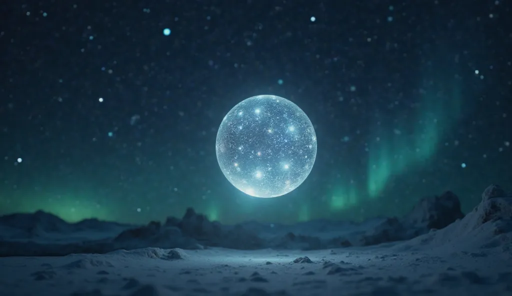 A serene, emotional moment. The EchoSphere floats in mid-air, glowing softly as the melody plays. The background is a starry night sky with faint auroras. The sphere’s lights pulse gently, and the camera slowly zooms in, capturing the intricate details of ...